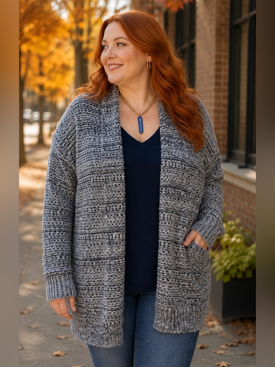 Chaps Sweaters - Chaps 1X Chunky Knit Cardigan Navy Cream Open-Front Pockets